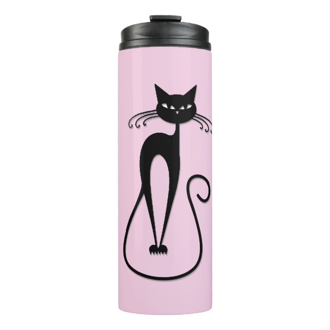 Whimsical Skinny Black Cat Pink Thermal Tumbler (Front)