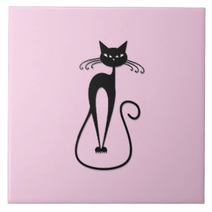 Whimsical Skinny Black Cat Pink Tile