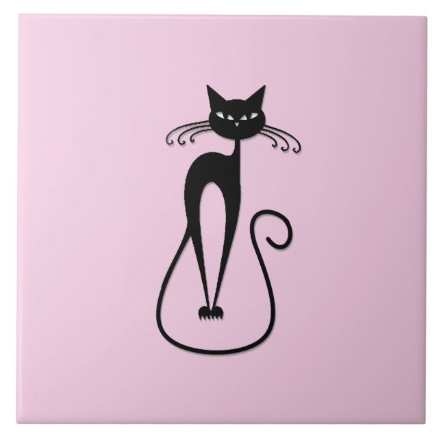 Whimsical Skinny Black Cat Pink Tile (Front)
