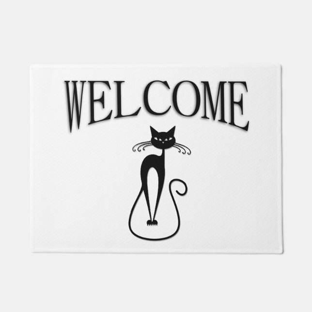 Whimsical Skinny Black Cat Welcome Doormat (Front)