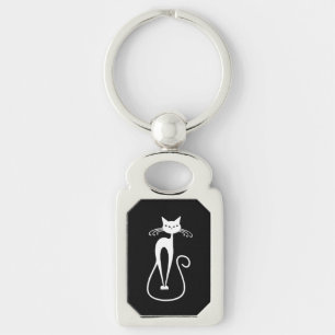 Whimsical Skinny White Cat  Key Ring