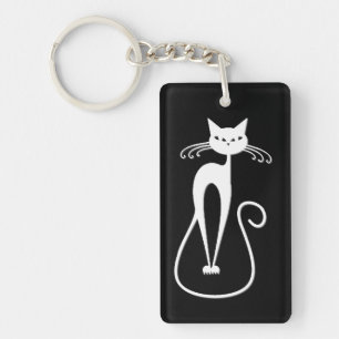 Whimsical Skinny White Cat Key Ring