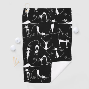 Whimsical Skinny white Cat Pattern Golf Towel
