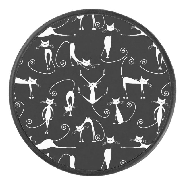 Whimsical Skinny white Cat Pattern Hockey Puck (Front)