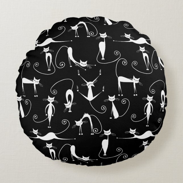 Whimsical Skinny white Cat Pattern Round Cushion (Front)