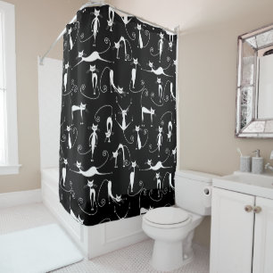 Whimsical Skinny white Cat Pattern Shower Curtain