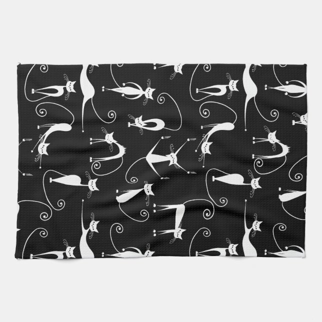 Whimsical Skinny white Cat Pattern Tea Towel (Horizontal)