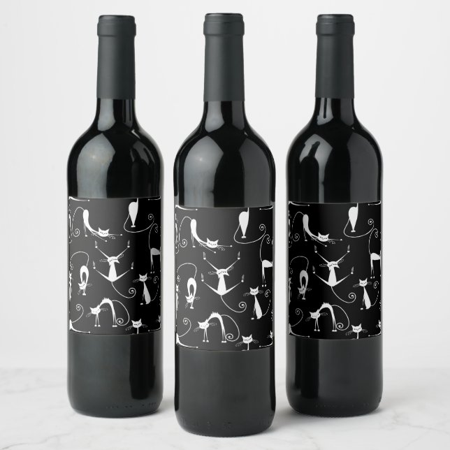 Whimsical Skinny white Cat Pattern Wine Label (Bottles)