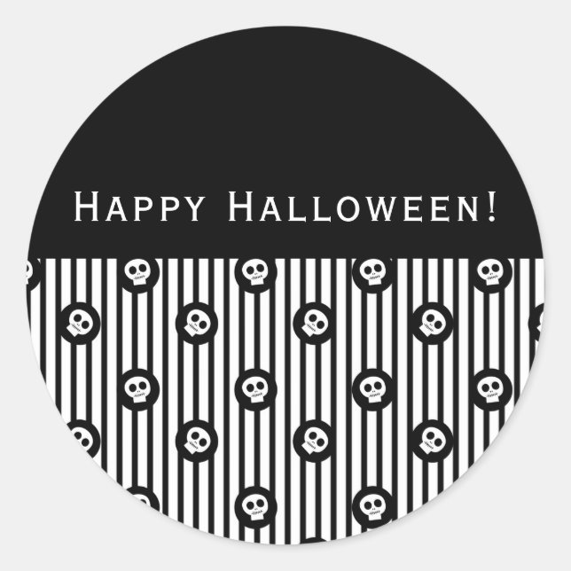 Whimsical Skull Black & White Polka Dots & Stripes Classic Round Sticker (Front)