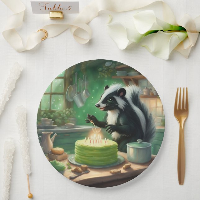 Whimsical Skunk lights candles on Cake Paper Plate (Wedding)
