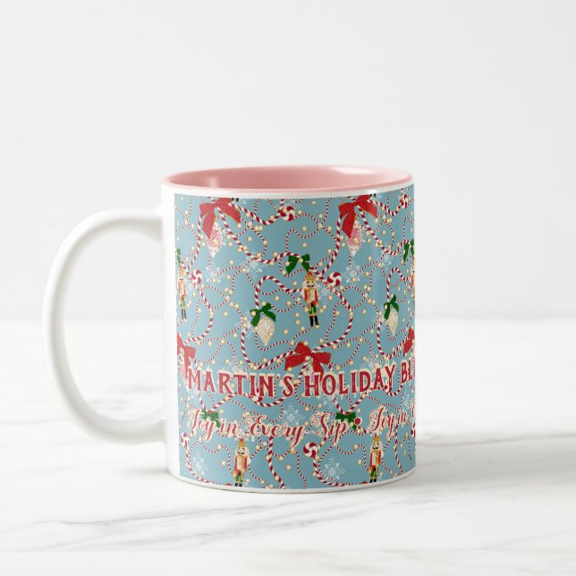 Whimsical Sky Blue Nutcracker Candy Cane Two-Tone Coffee Mug (Left)