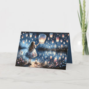 Whimsical Sky Lantern Lake Girl  Card