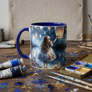 Whimsical Sky Lantern Lake Girl Mug