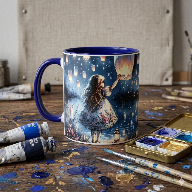 Whimsical Sky Lantern Lake Girl  Mug (Whimsical Sky Lantern Lake Girl  Mug)