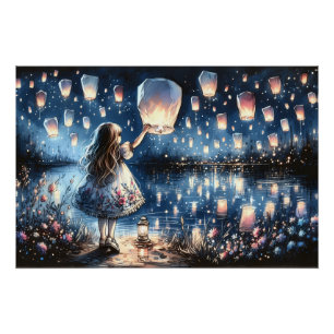 Whimsical Sky Lantern Lake Girl  Poster