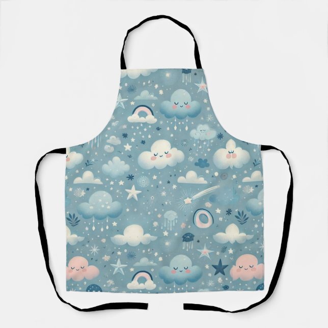 Whimsical Sky Pattern with Clouds, Stars - Blue Apron (Front)