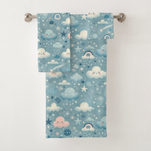 Whimsical Sky Pattern with Clouds, Stars - Blue Bath Towel Set