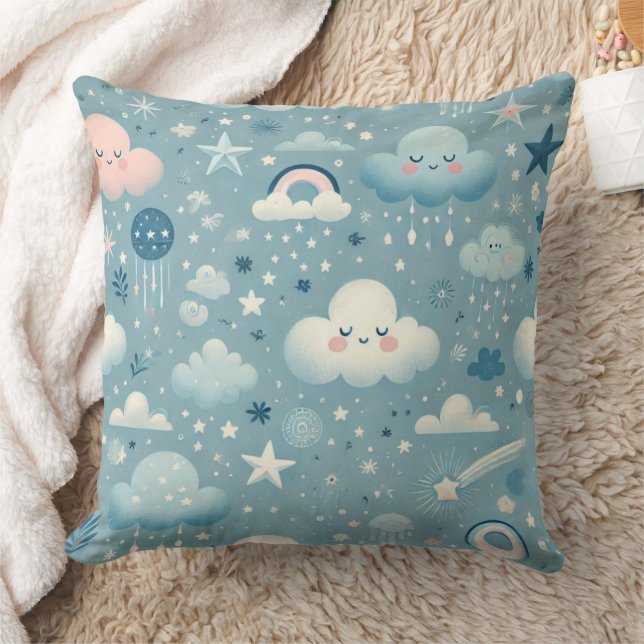 Whimsical Sky Pattern with Clouds, Stars - Blue Cushion (Blanket)