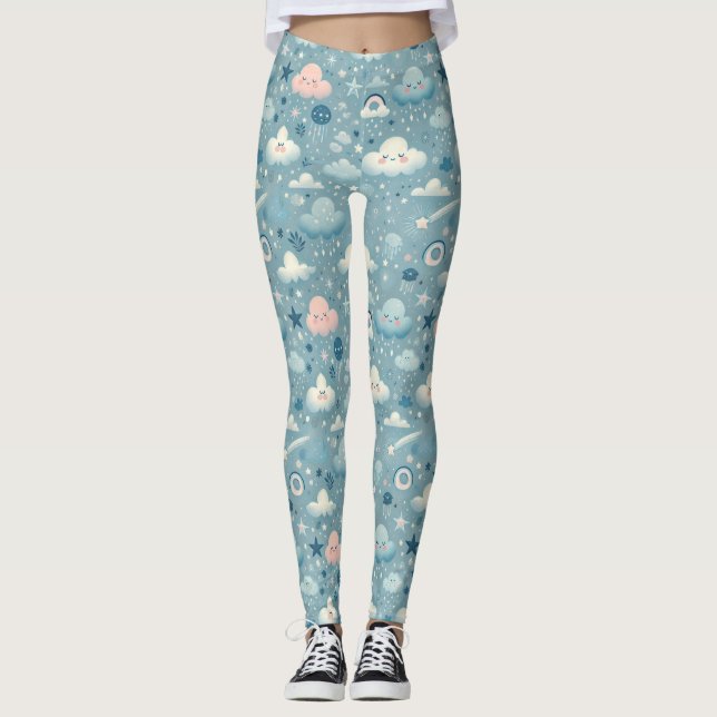 Whimsical Sky Pattern with Clouds, Stars - Blue Leggings (Front)