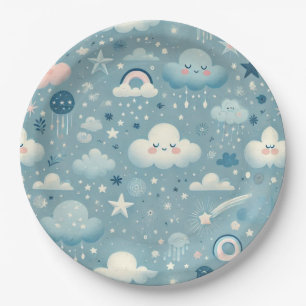 Whimsical Sky Pattern with Clouds, Stars - Blue Paper Plate