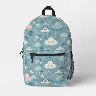 Whimsical Sky Pattern with Clouds, Stars - Blue Printed Backpack