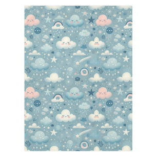 Whimsical Sky Pattern with Clouds, Stars - Blue Tablecloth
