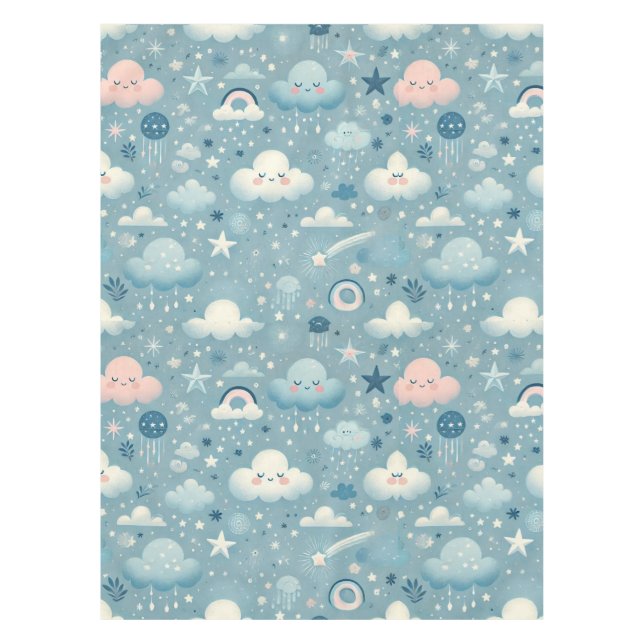 Whimsical Sky Pattern with Clouds, Stars - Blue Tablecloth (Front)