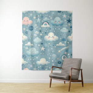 Whimsical Sky Pattern with Clouds, Stars - Blue Tapestry