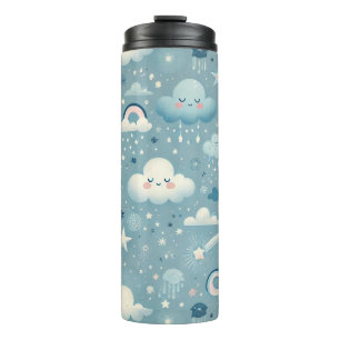 Whimsical Sky Pattern with Clouds, Stars - Blue Thermal Tumbler