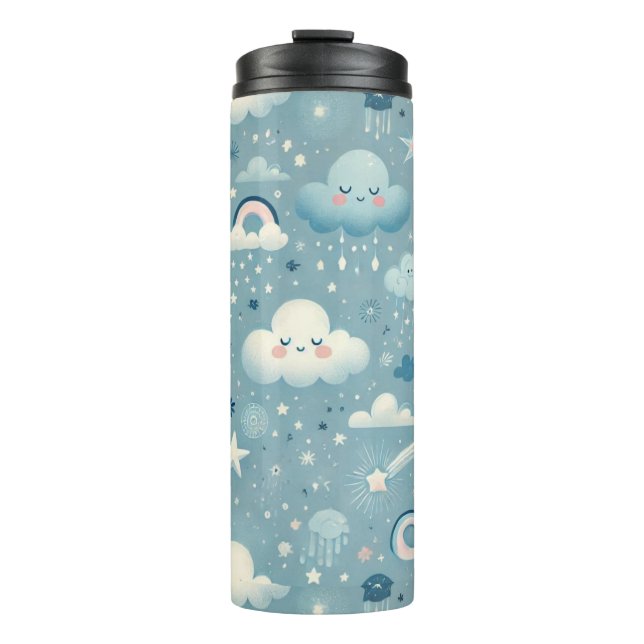 Whimsical Sky Pattern with Clouds, Stars - Blue Thermal Tumbler (Front)