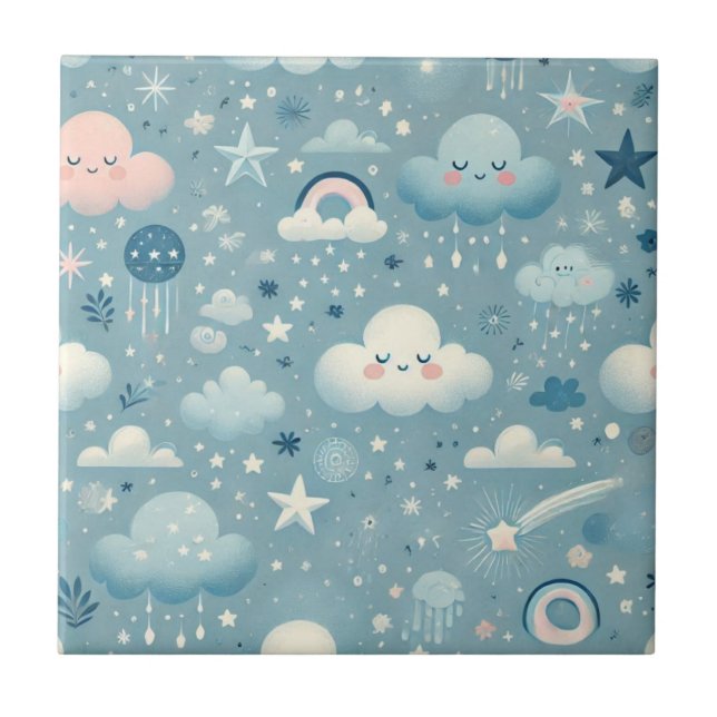 Whimsical Sky Pattern with Clouds, Stars - Blue Tile (Front)
