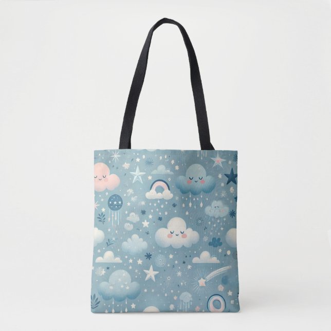 Whimsical Sky Pattern with Clouds, Stars - Blue Tote Bag (Front)