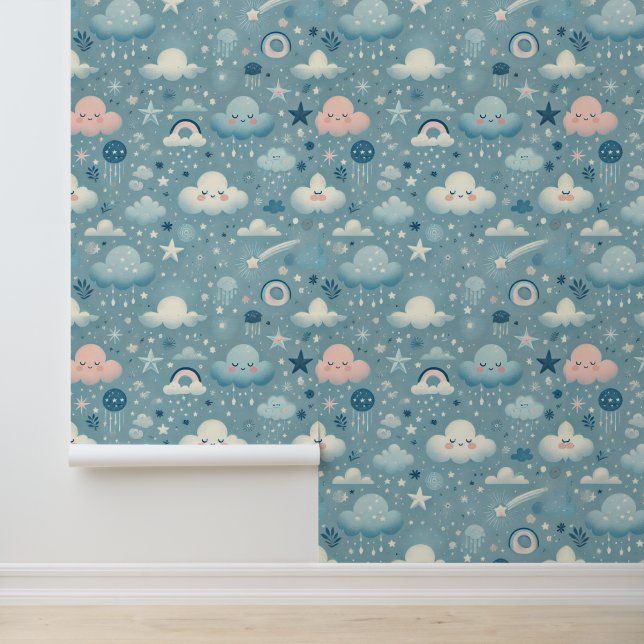 Whimsical Sky Pattern with Clouds, Stars - Blue Wallpaper (Application)