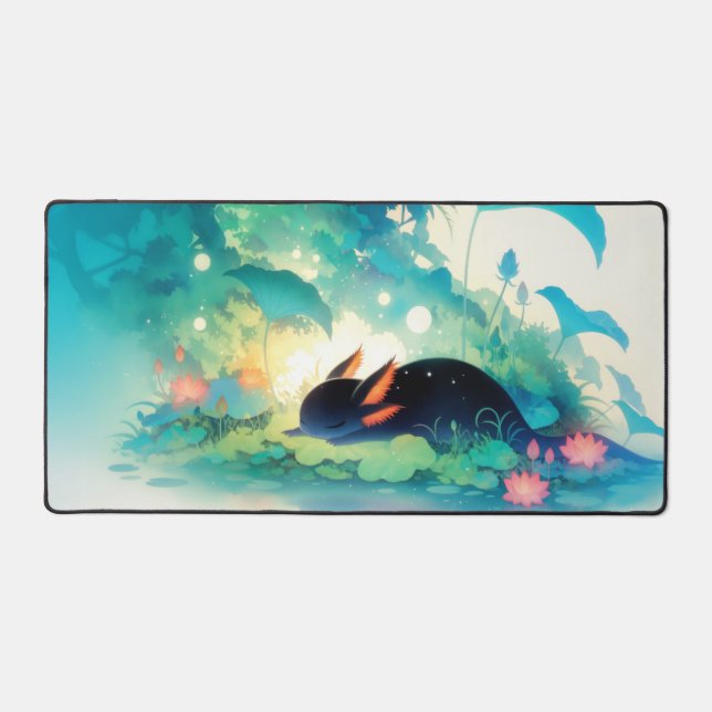 Whimsical Sleeping Black Axolotl in Magical Pond Desk Mat (Front)