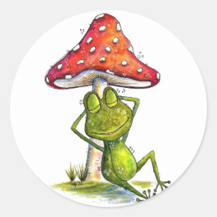 Whimsical Sleeping Frog Under a Mushroom Classic Round Sticker
