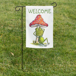Whimsical Sleeping Frog Under a Mushroom Garden Flag