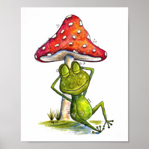 Whimsical Sleeping Frog Under a Mushroom Poster