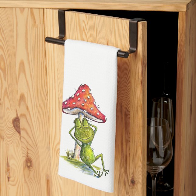 Whimsical Sleeping Frog Under a Mushroom Tea Towel (Thirds Fold)