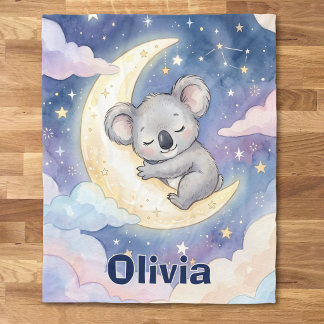 Whimsical Sleeping Koala Celestial Moon and Stars Fleece Blanket