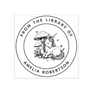 Whimsical Sleeping Unicorn Mushroom Library Book Rubber Stamp