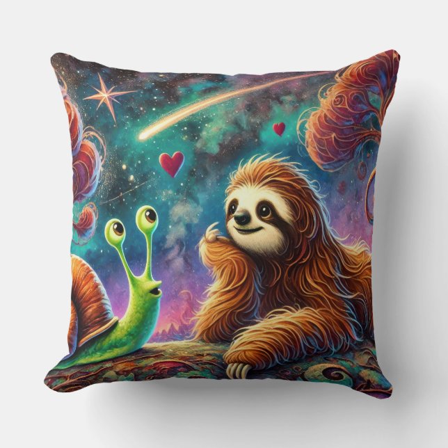 Whimsical Sloth and Snail Under Starry Cosmic Sky Cushion (Front)