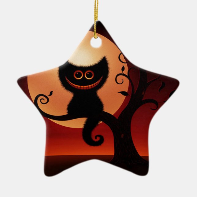 Whimsical Smiling Black Cat Ceramic Tree Decoration (Front)