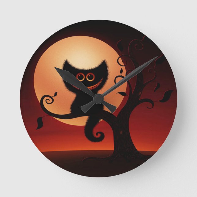 Whimsical Smiling Black Cat Round Clock (Front)