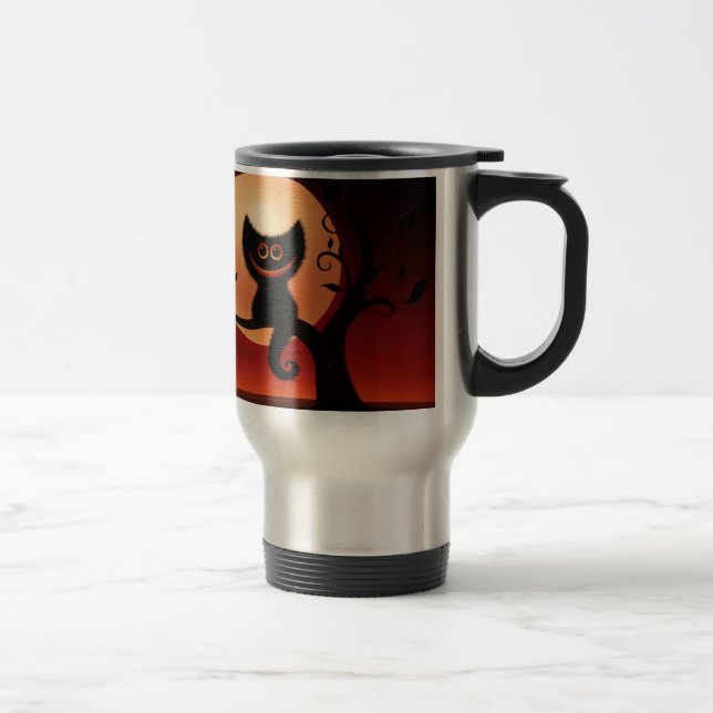 Whimsical Smiling Black Cat Travel Mug (Right)