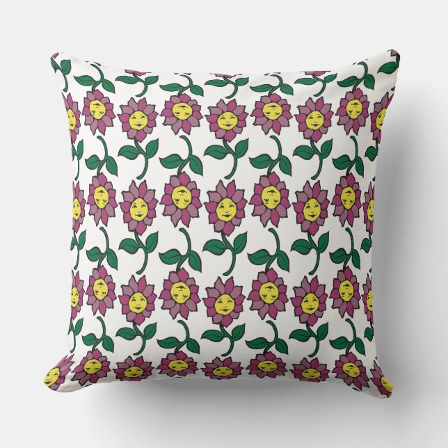 Whimsical Smiling Flower Face Pattern Cushion (Front)