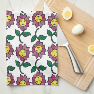 Whimsical Smiling Flower Face Pattern Tea Towel