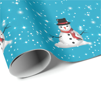 Whimsical Smiling Snowman with Red Scarf on BLUE Wrapping Paper