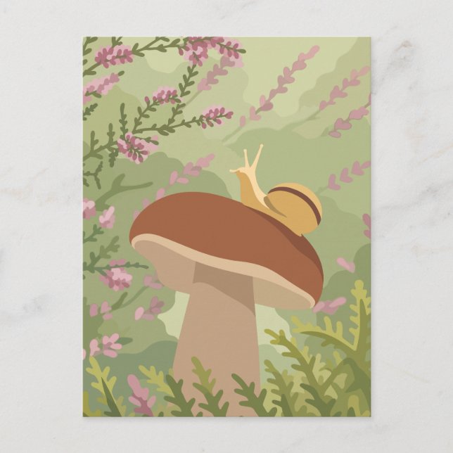 Whimsical Snail on a Wild Mushroom Forest Art Postcard (Front)