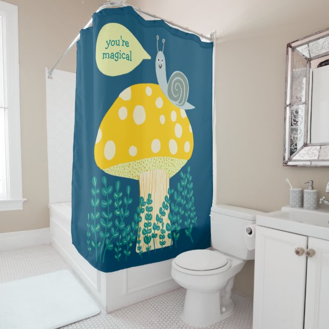 Whimsical Snail on Magical Mushroom CUSTOM Shower Curtain (In Situ)