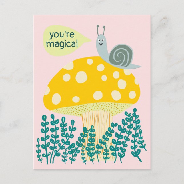 Whimsical Snail on Magical Mushroom Cute CUSTOM Postcard (Front)